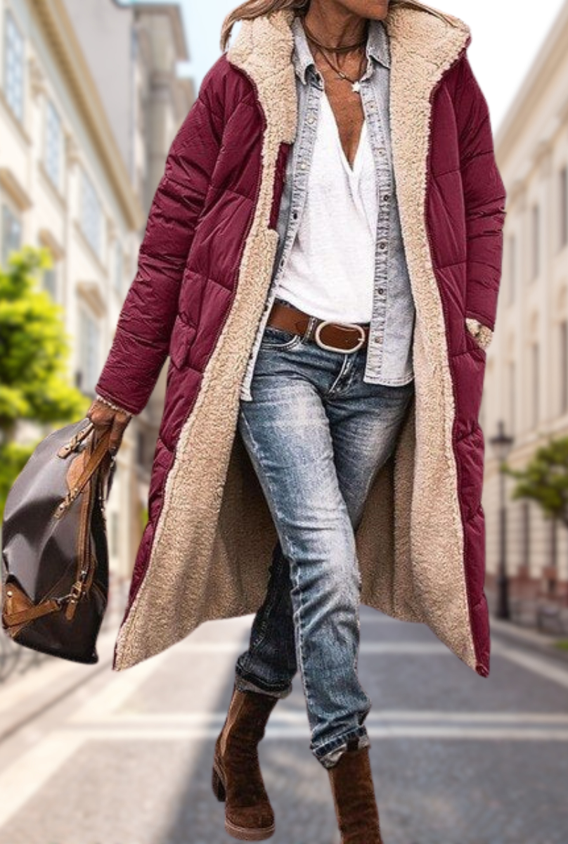 Flocon Élégant – Manteau Long d'Hiver Doublé en Sherpa